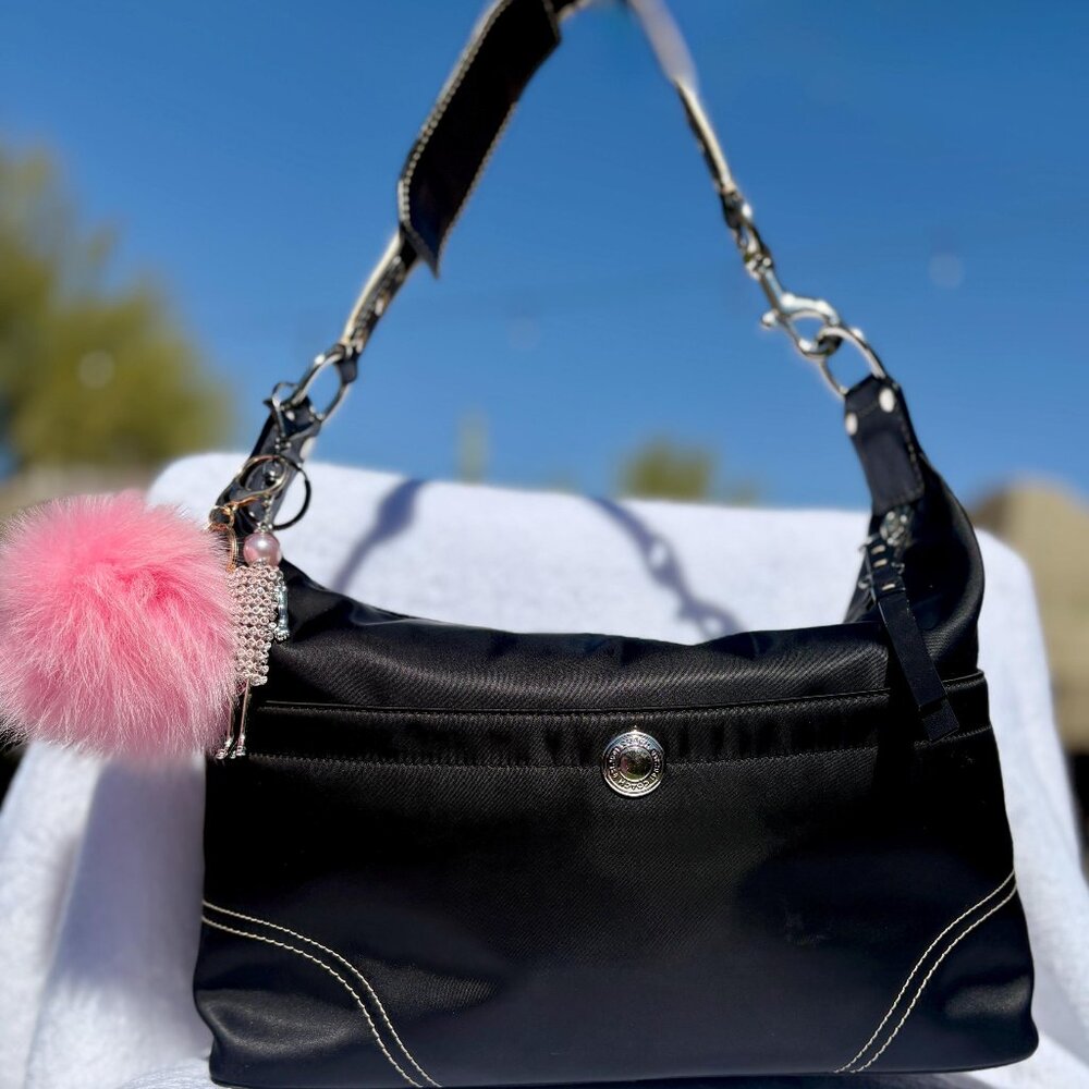 Coach Black Satin Hampton Shoulder Bag with Pink Pom Charm